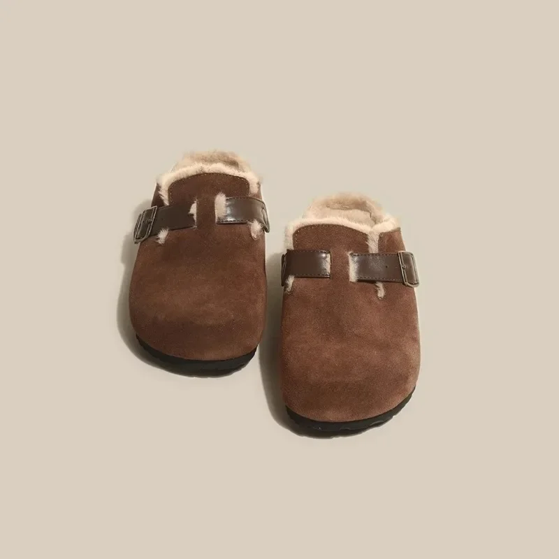 2025 Retro Style Thick Soled Soft Wood Wrapped Half Slipper Plush Shoes Female Clogs Outdoor Waterproof Non-slip Cork Slippers