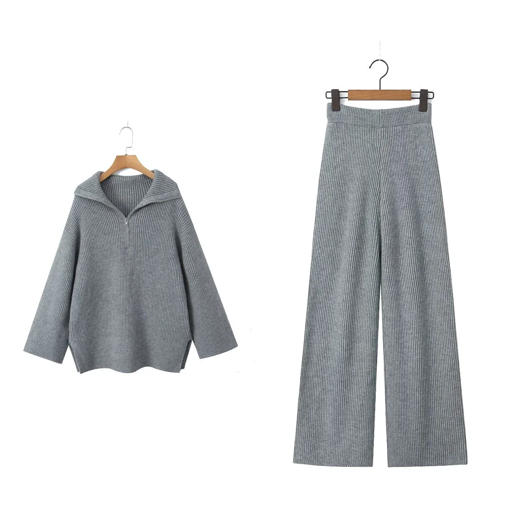 Loose Knitted Sweater with Large Collar High Waist Pants Set Women's Casual Comfortable Fashionable Organic Cotton Ensemble