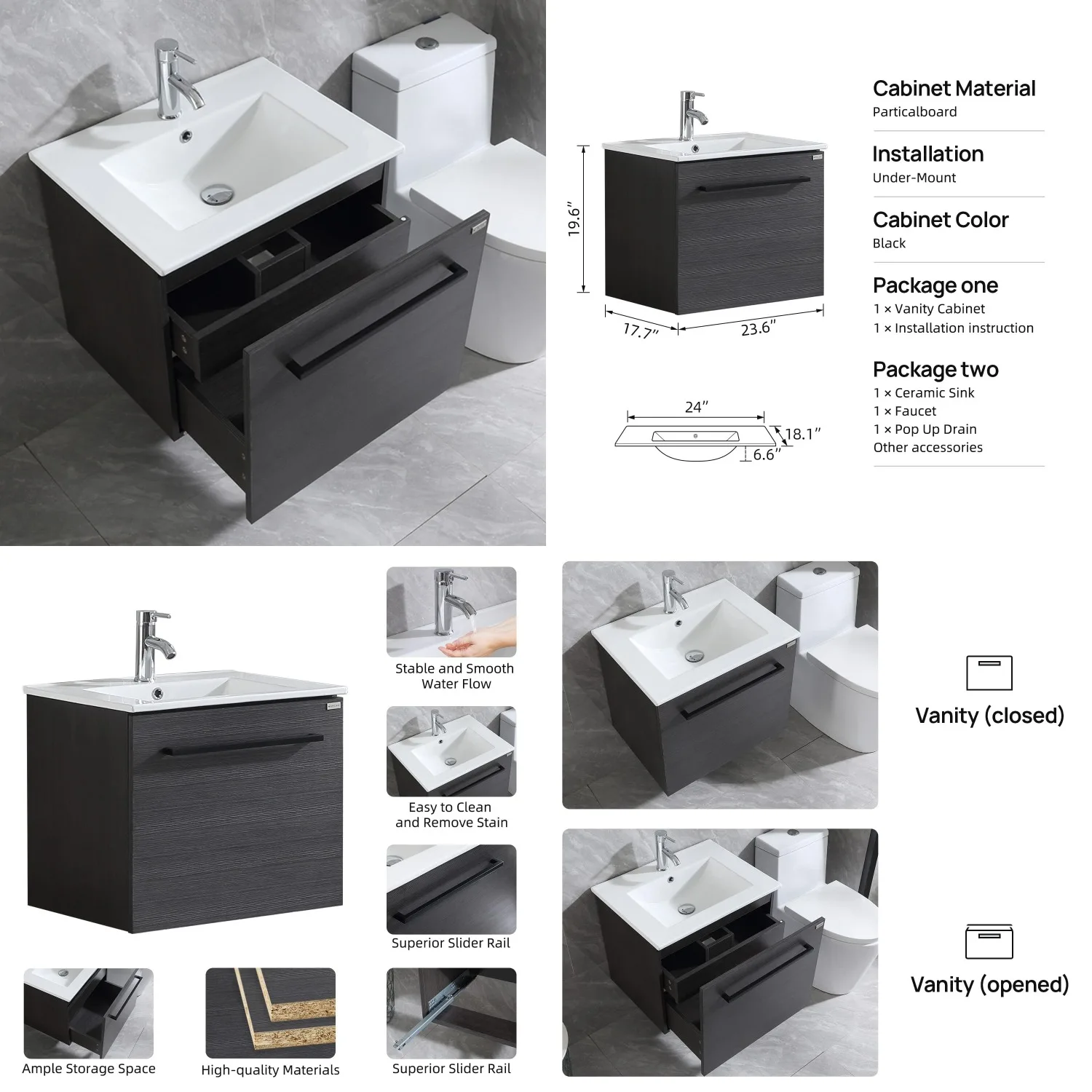 

24in Black Bathroom Vanity Cabinet Drop-in Ceramic Sink Chrome Faucet Under-Sink Storage Customized