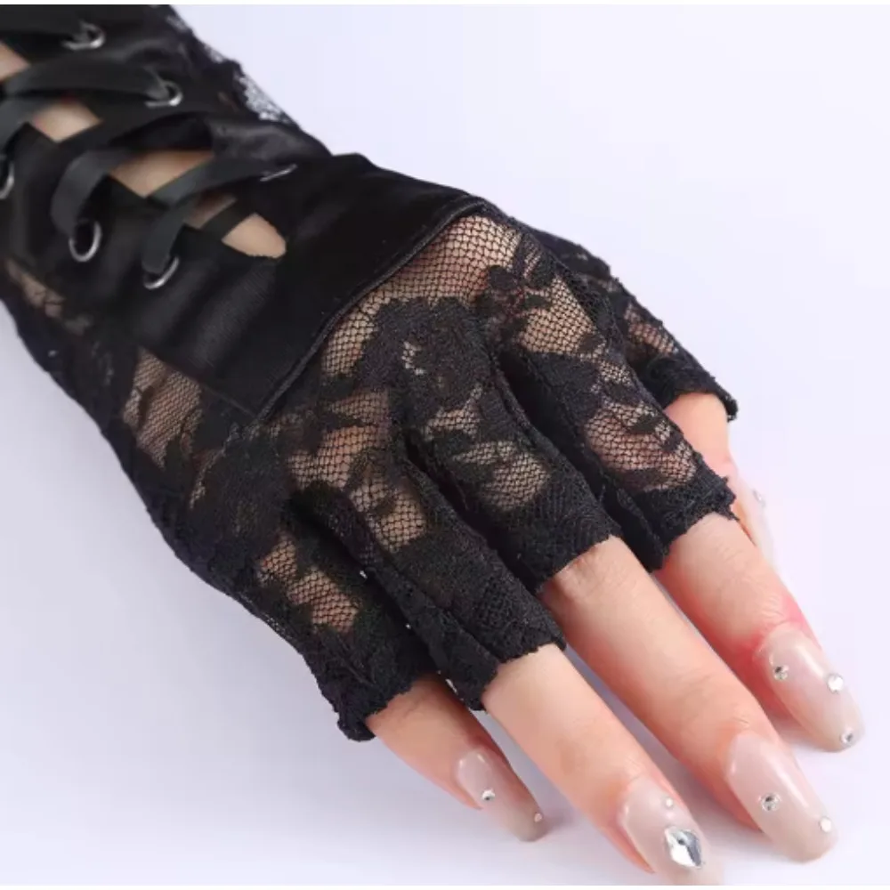 Fashion Fingerless Fishing Net Party Gothic Lolita Ribbon Fingered Women's Sexy Lace Long Gloves Role Playing Stage Performance 3