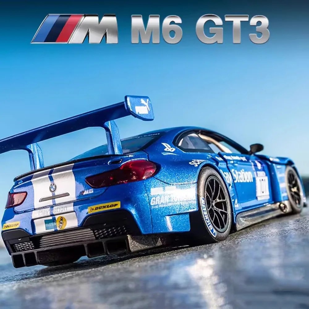 1/24 Alloy Diecast BMW M6 GT3 Cars Models Toys Rubber Tires 3 Doors Opened Supercar Light Sound Sports Car Boys Decoration Gifts