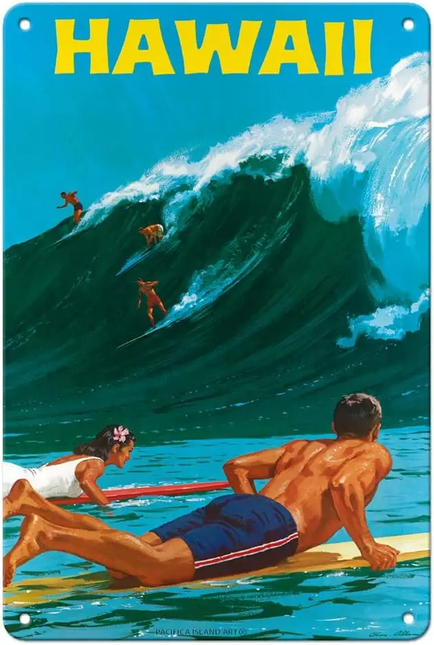 Pacifica Island Art Hawaii - Big Wave Surfing - Vintage Travel Poster by Chas Allen c.1950s - 8 x 12 inch Vintage Metal Tin Sign