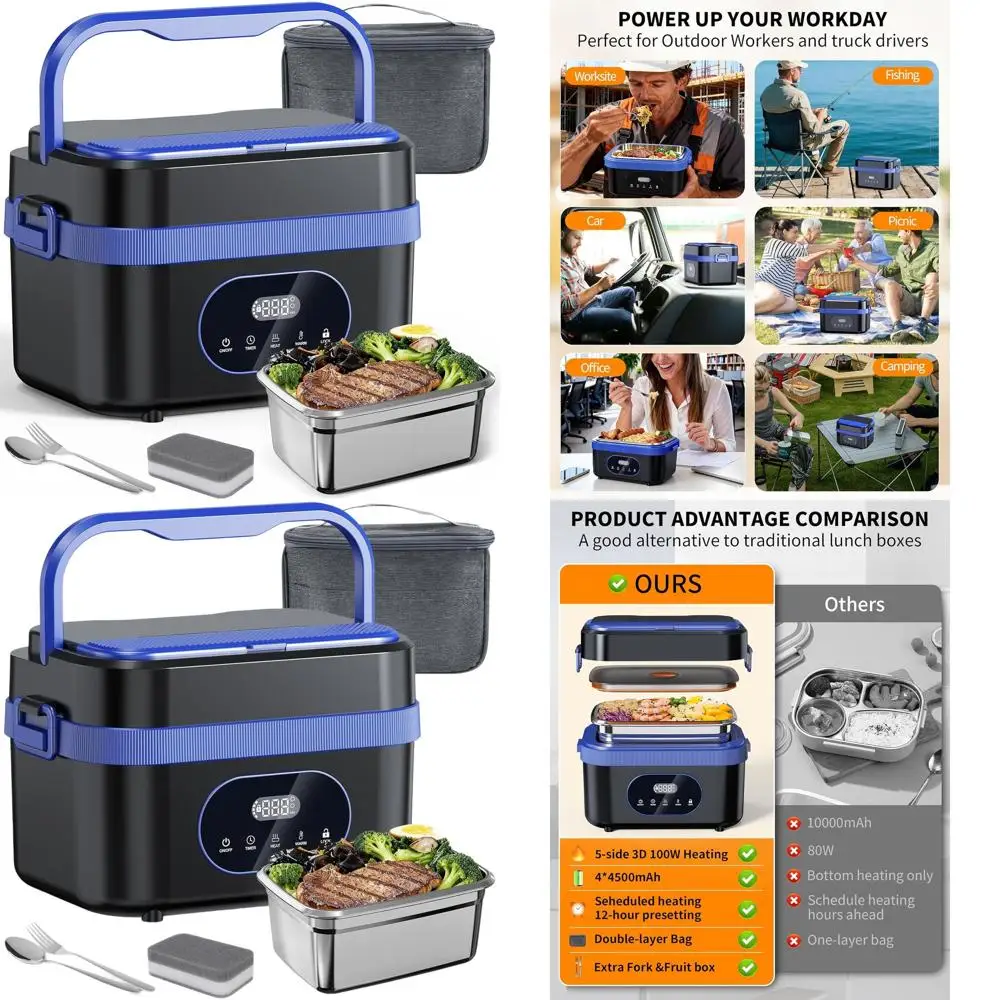 

Беспроводной электрический ланч-бокс XL — чашки 6,25, 1500 мл, 5D-нагрев, умный, герметичный для офиса, путешествий