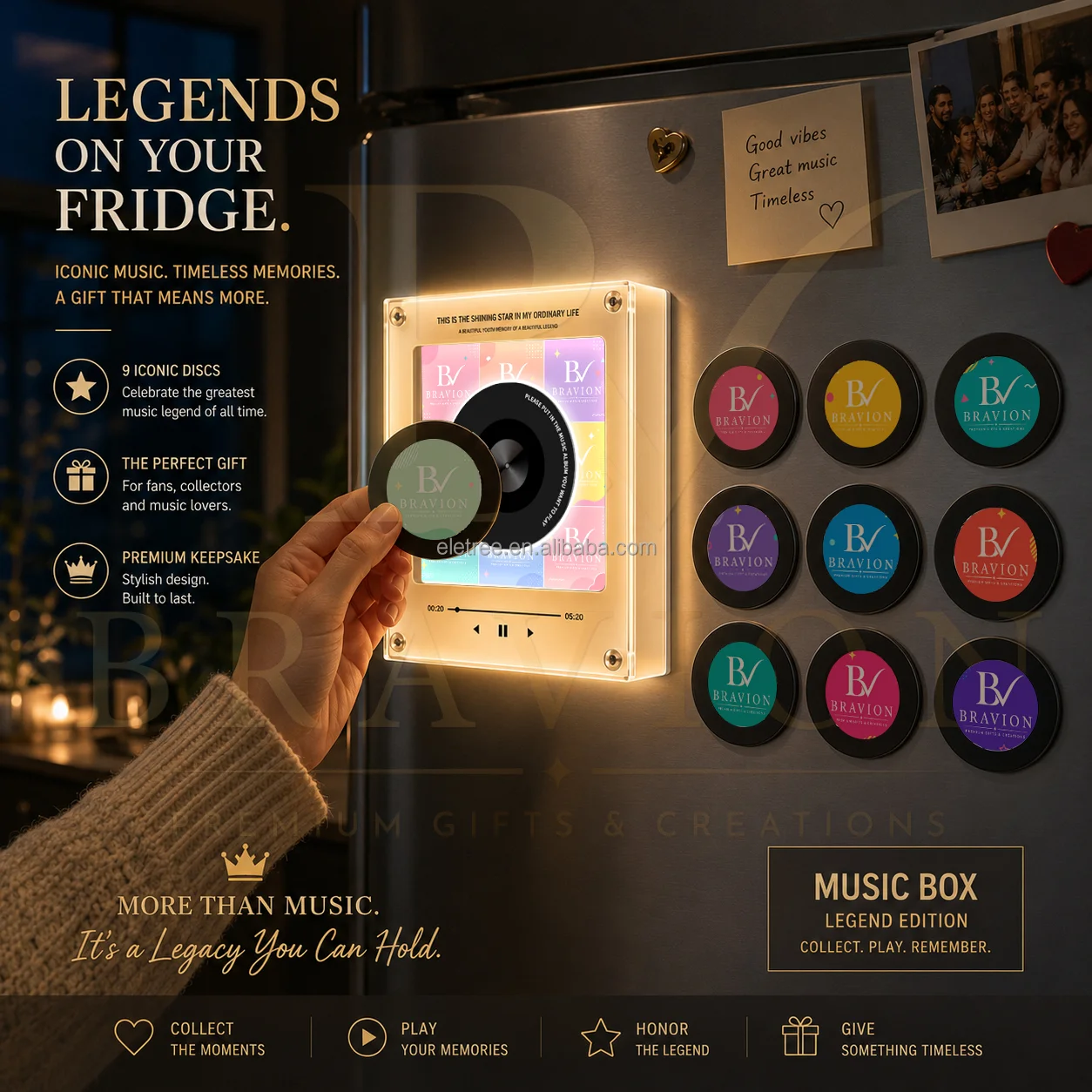 BRAVION BT Version Vinyl Record NFC Fridge Magnet Set Custom LED Night Light Refrigerator Magnet Rotating Disc CD Music Player