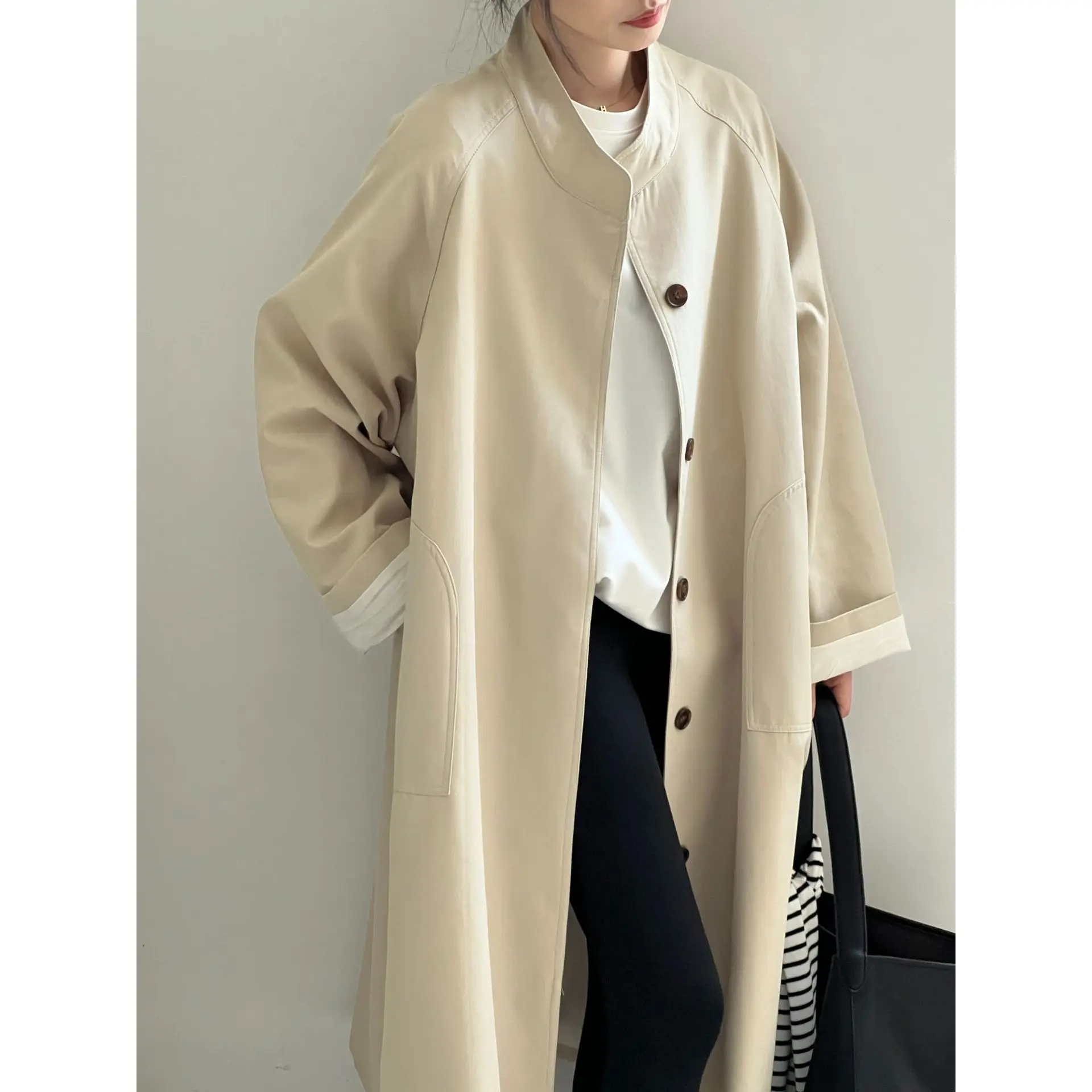 

Stand Neck Long Trench Coat Women Spring Casual Turn-down Collar Single-breasted Trench Coat