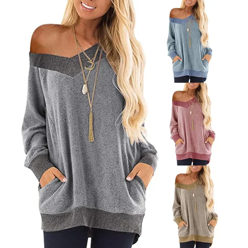 

Pop Autumn Women Casual Color Block Long Sleeve Contrast Loose V-neck Pockets T-Shirts Lady's Sweatshirt Blouse Female Oversize