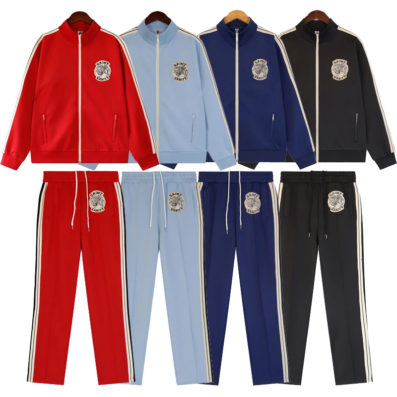 Streetwear Trend SAINT Jacket Tracksuit High Quality Stripe Splice Loose Pants Men Women Casual Jogging Suit