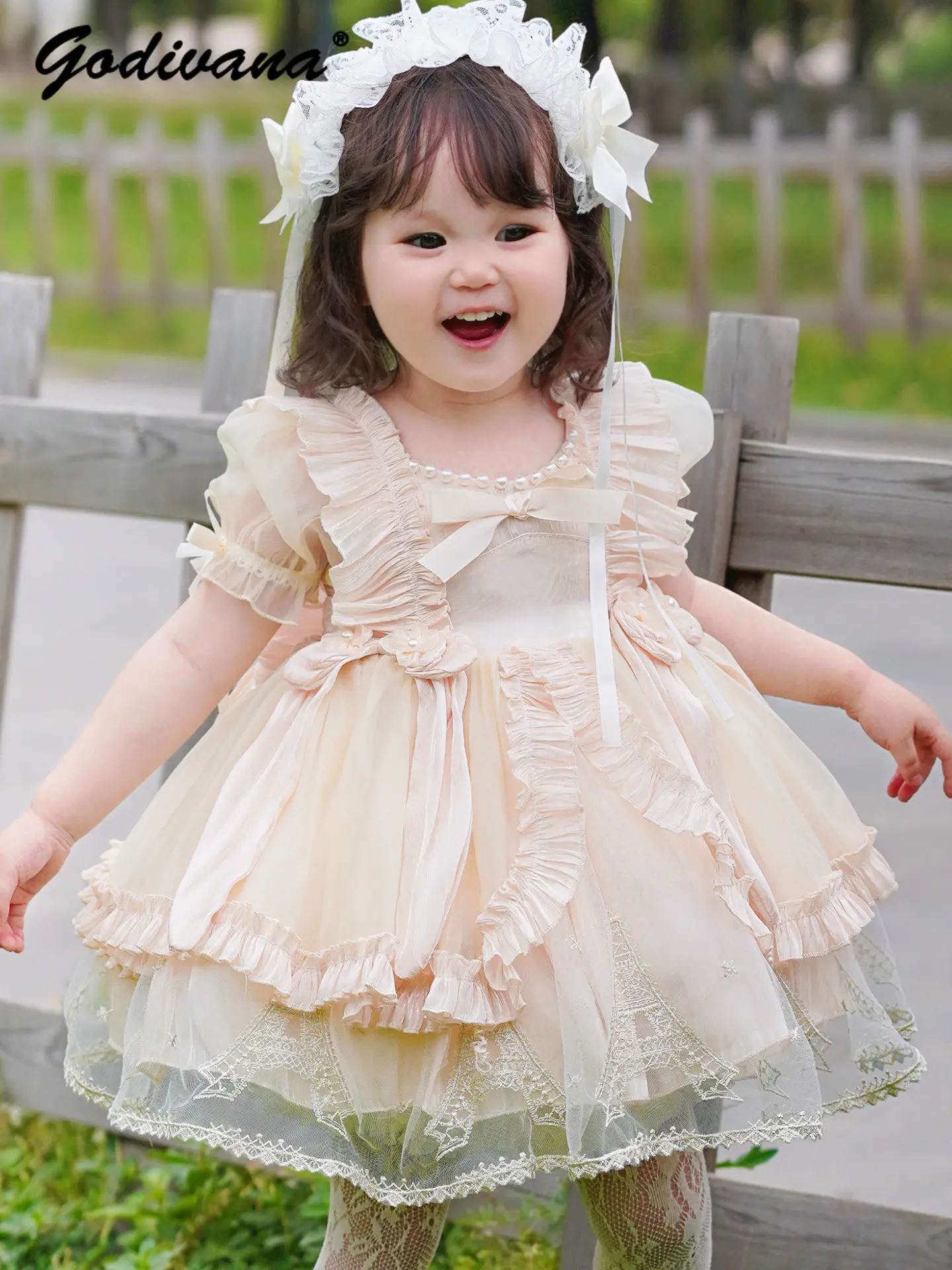 Sweet Baby Girls Elegant Lolita Princess Dress Kids High End Pearls Collar Mesh Ruffle Trim Birthday Party Performance Ball Gown
