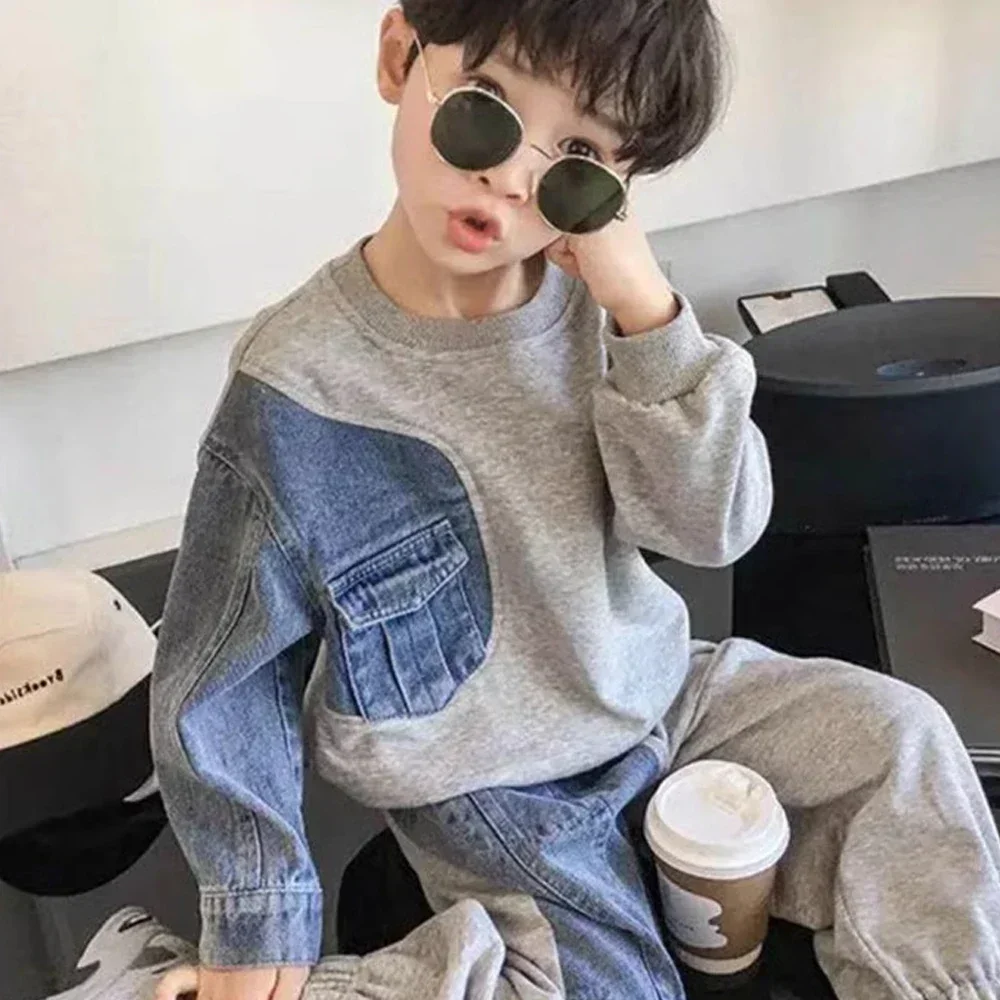 Baby Boys Denim Sweatshirt Kids Stitching Sleeved Loose Outerwear 2024 Spring Autumn Children\'s Casual Hoodies Clothes