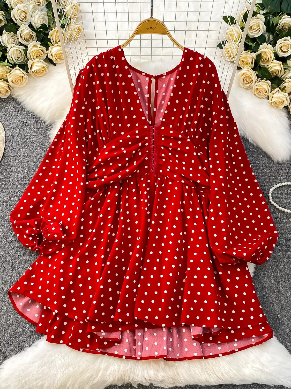 Rok Midi Wanita Motif Cetak Pinggang Tinggi Model Longgar dengan Kancing, Model V-Ne Lantern Sve Dr