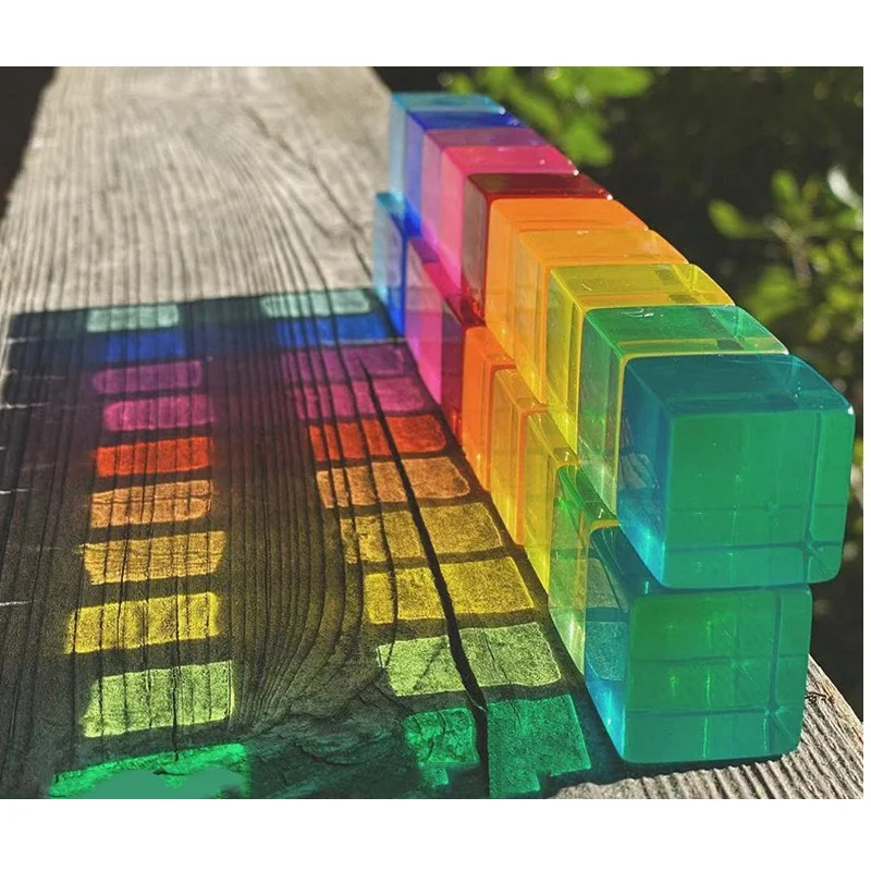 50/98Pcs Rainbow Crystal Acrylic Cubes Stacking Gem Blocks Sensory Building Blocks for Kids Learning Color Light Shadow Toy
