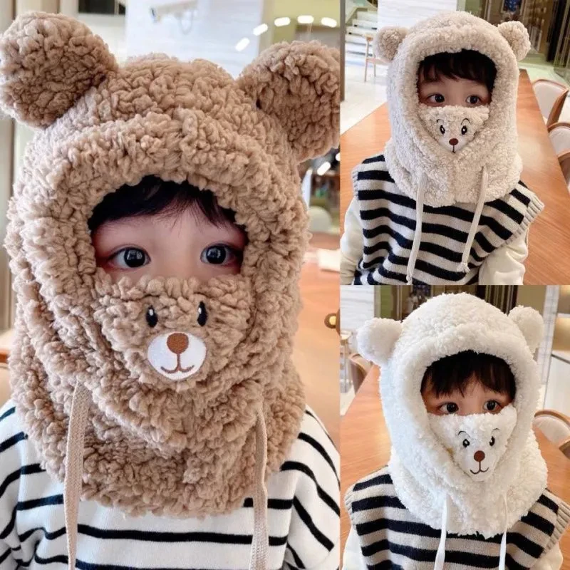 Cute Bear Winter Plush Children Scarf Hat Baby Thick Warm Masked Hood Cap Kids Outdoor Ski Windproof Beanies ​Neck Snood 3-8Y