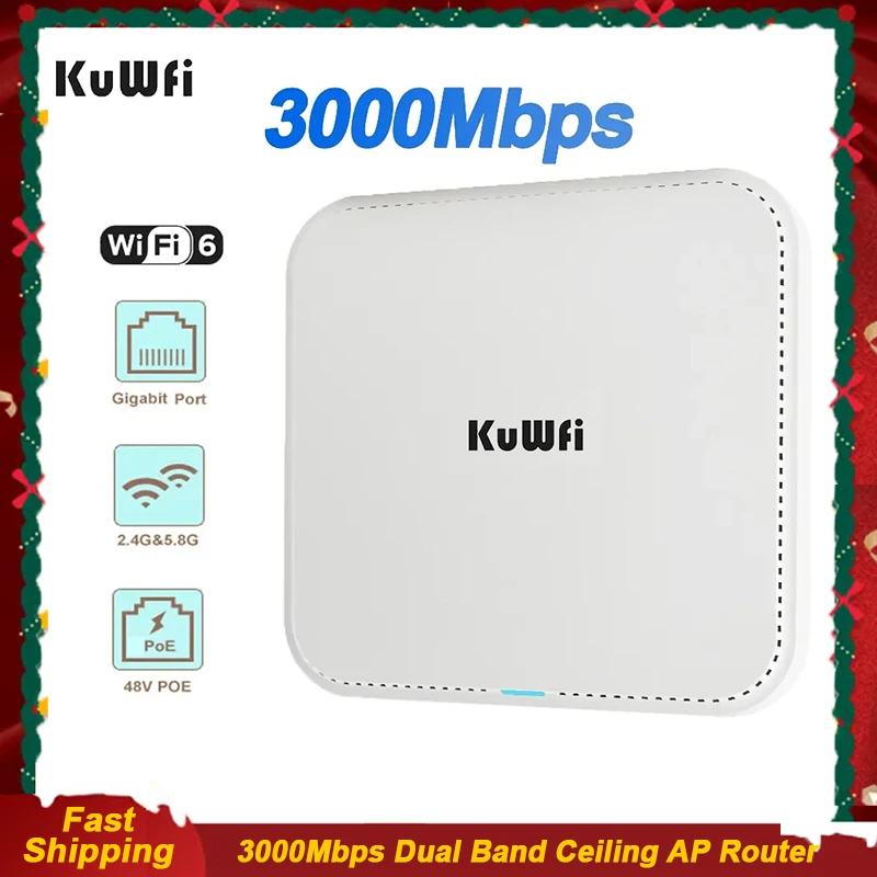 KuWfi 3000Mbps Ceiling Wireless AP Router 2.4G 5G Dual Band Wifi6 Router Access Point with Gigabit WAN LAN Port Support 48V POE