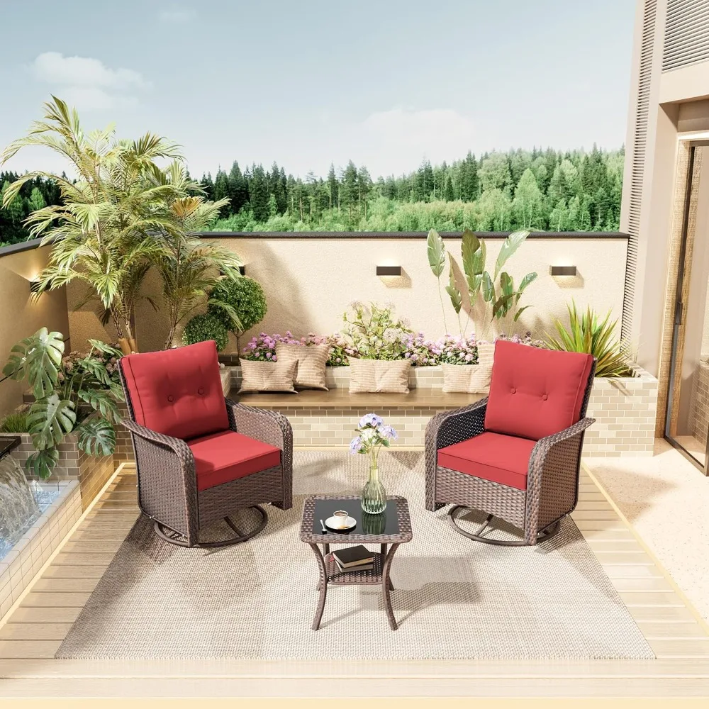 

3 Piece Wicker Swivel Rocking Chair Set, Outdoor Patio Glider Chair with Glass Top Coffee Table, Conversation Furniture Set Suit