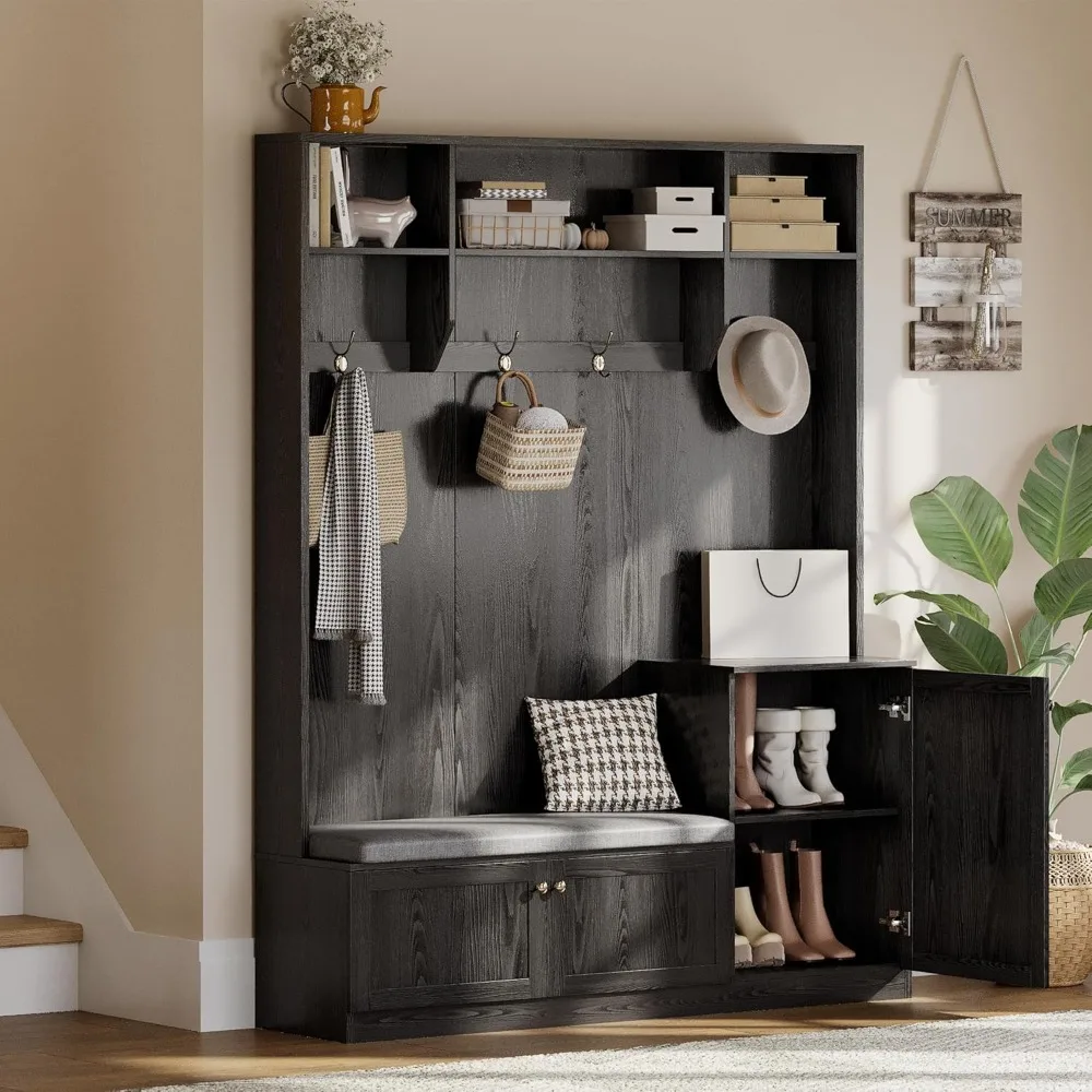 

Coat Rack, Bench with Coat Rack Storage, Hall Tree with Hanging Hooks, Adjustable Shelf Coat Rack Freestanding for Living Room