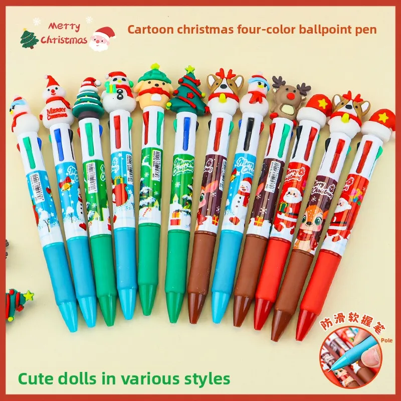 

12 шт., рождественская четырехцветная шариковая ручка с героями мультфильмов, милые и креативные высококачественные многоцветные шариковые ручки для пресса «Снова в школу»