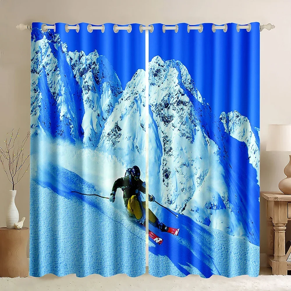 Winter Ski Sports Blackout Window Curtain,Ski Extreme Sport Blackout Curtains 3D Skier Print Curtains Skiing Window Curtain