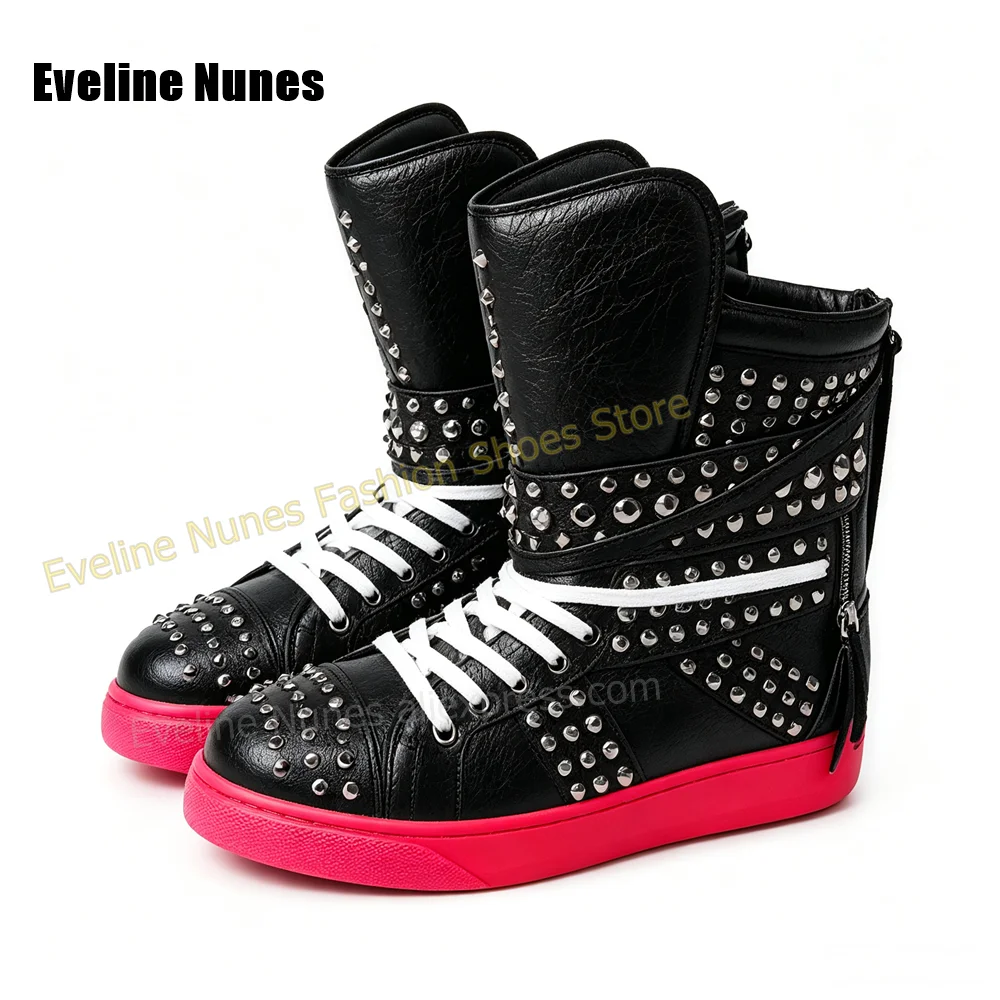 Round Toe White Lace Up Back Zipper Casual Ankle Boots Punk Rock Spiked Studded High Top Sneakers Street Style Nightclub 2026