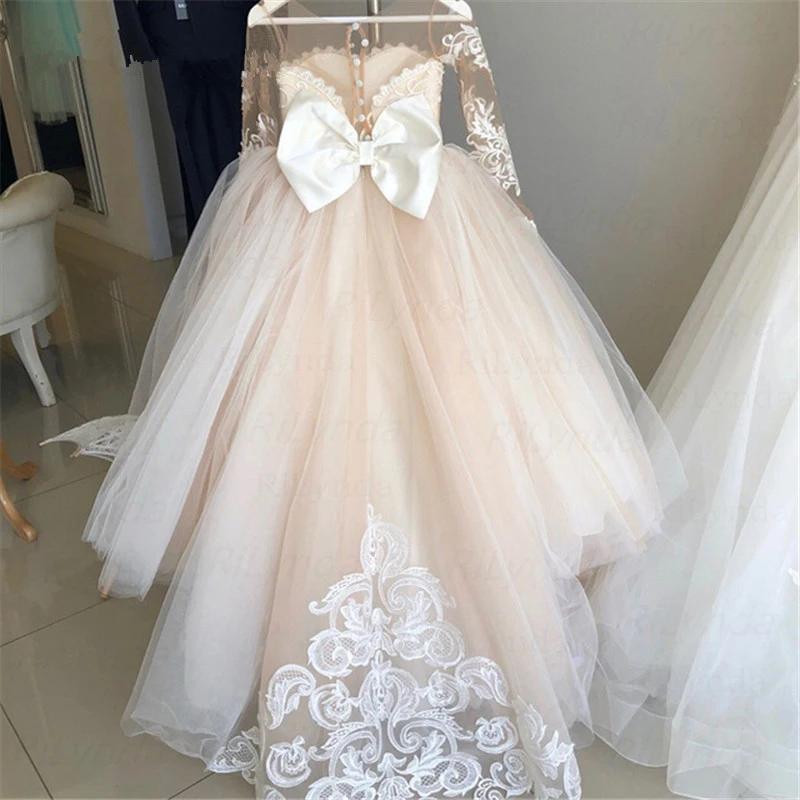 White Elegant Lace Applique Flower Girl Dresses Ball Gown Kids Pageant Birthday Holy Communion Fluffy Tulle Sleeveless Dresses