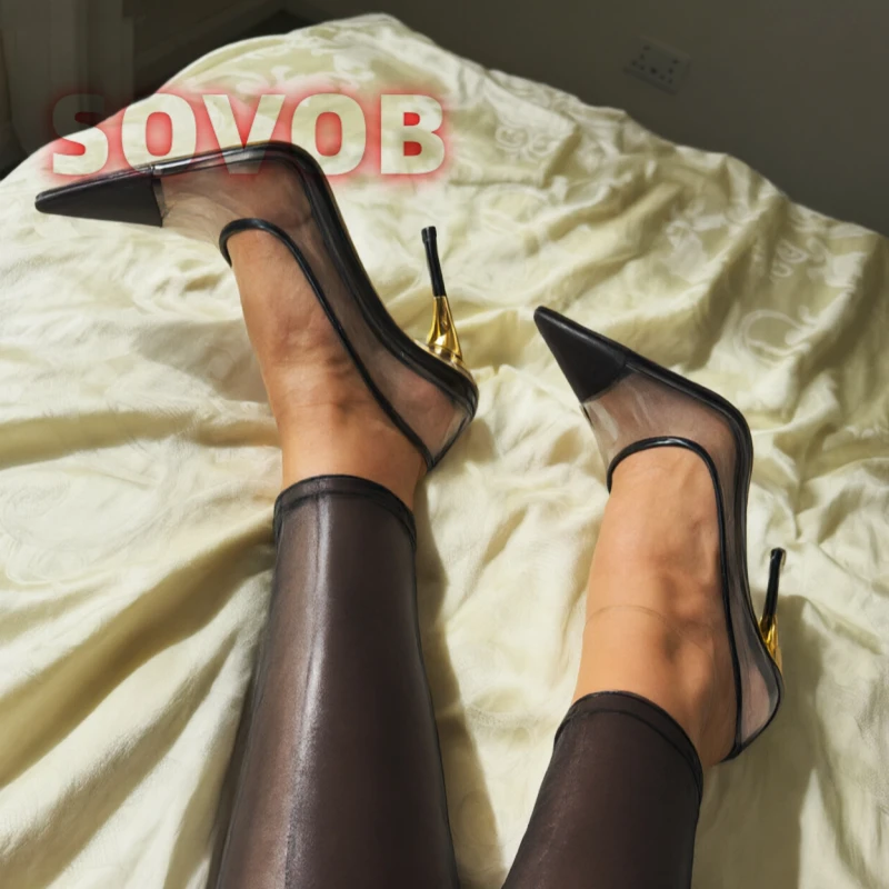Clear PVC Pointed Toe Slingback Pumps for Women, Luxury Gold Stiletto Heels Slip On Dress Shoes,Trendy Party Club Evening Shoes