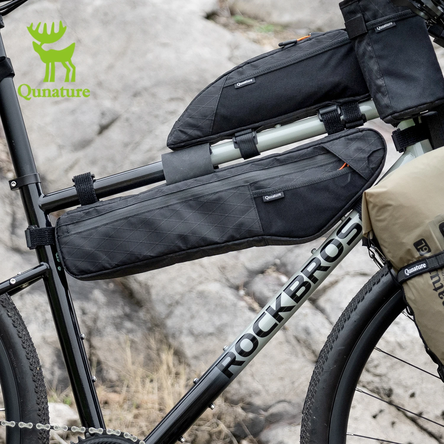 Qunature Bikepacking Bicycle Bag Down Tube Bag Waterproof Wear-Resistant Stable Mounting Front Frame Bag for MTB RB Touring Bike