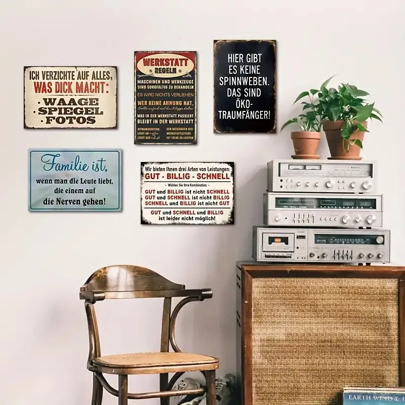 [ ]5pcs Vintage German Metal Tin Sign Set - Retro Wall Decor with Humorous Slogans, Waterproof And Durable Metal Hanging Signs,