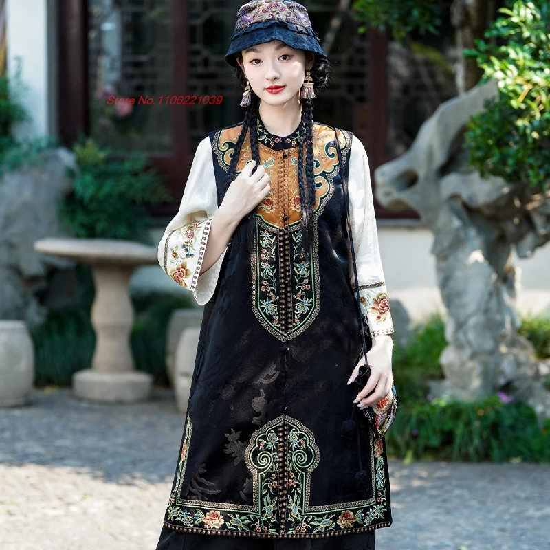 

2025 китайский винтажный жилет в стиле ретро, куртка без рукавов, национальная цветочная вышивка, атласный жаккардовый воротник-стойка, народный жилет, топы ханьфу