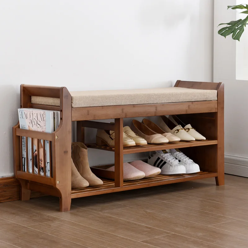 Natural Bamboo Shoe Storage Rack Bench with 2-Tier Cushion Seat Living Room Shoe Organizer Entryway Storage Hallway Furniture