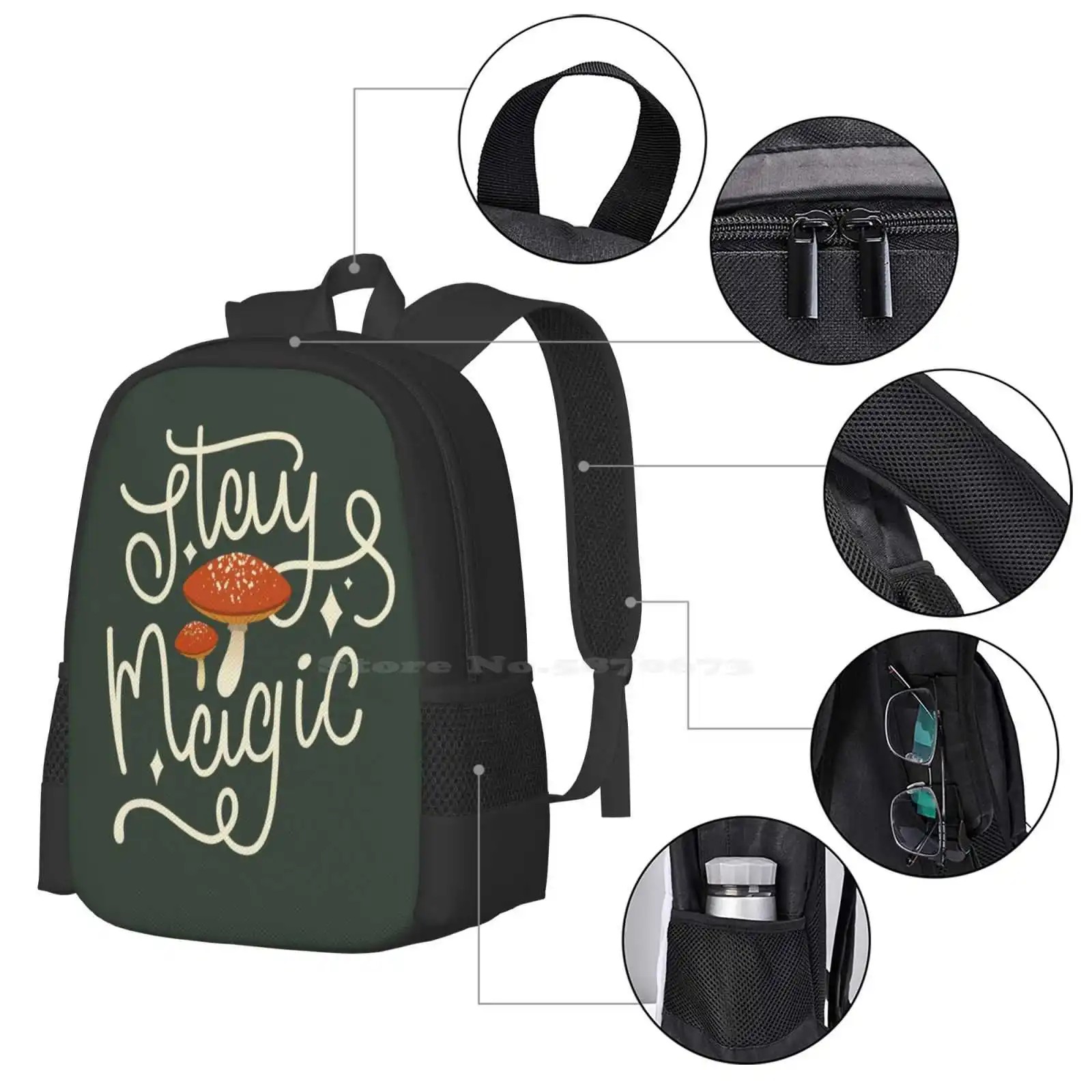 Stay Magic Bag mochila para hombres, mujeres, niñas, adolescentes Stay Magic Mushroom Red Toadstool Hippie Hand Lettered Hipster Nature