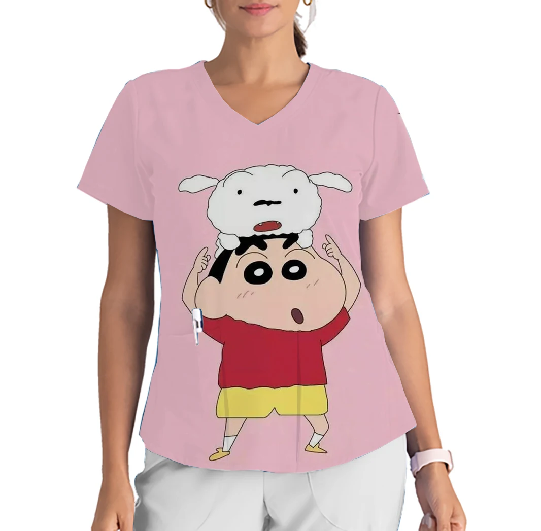 Crayon Shin-chan Anime Kiddie Center Work Clothes V-Neck Print Scrub Top Top Short Sleeve Beauty Salon Work Clothes