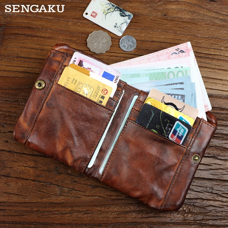 2021 Genuine Leather Wallet For Men Male Vintage Cowhide Short Bifold Men's Purse Card Holder With Zipper Coin Pocket Money Bag