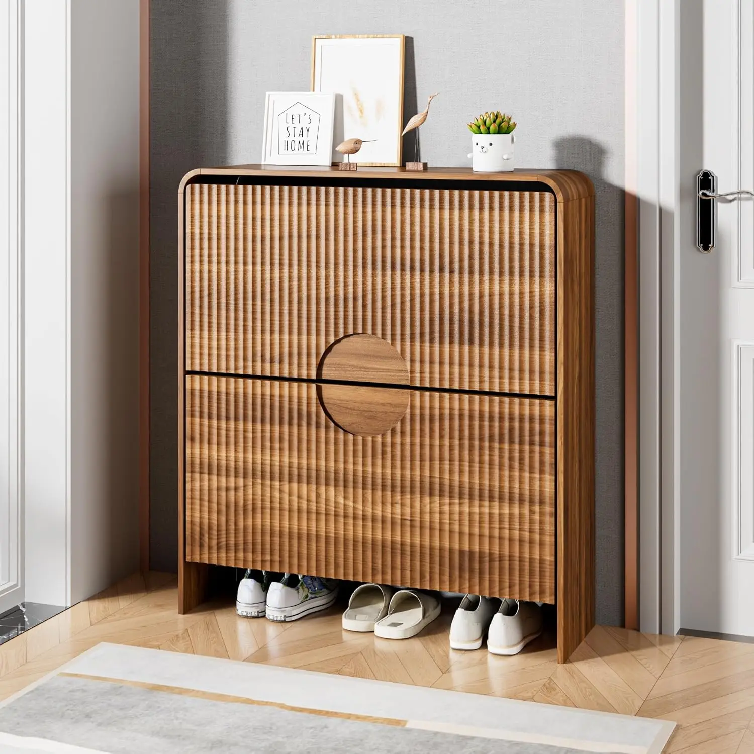 

Bestseller HotSlim Shoe Storage Cabinet For Entryway, Narrow Shoe Cabinet With 2 Tier Flip Drawers Doors, Fluted Hidden Shoe Ra