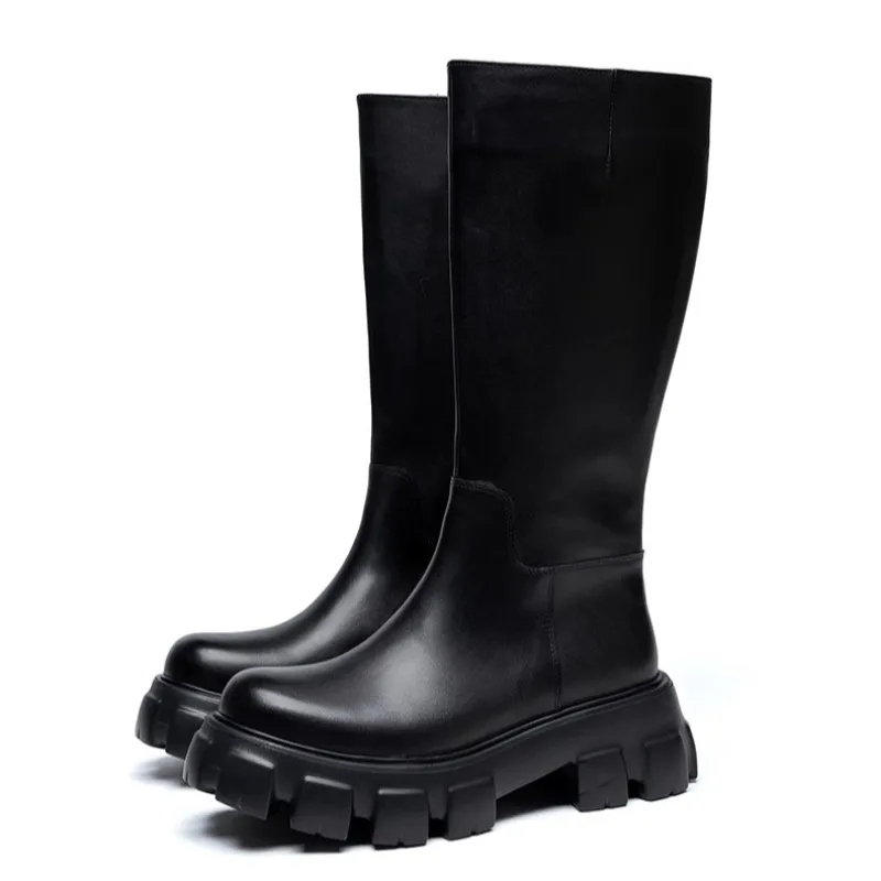 

Genuine Leather Office Cowhide Autumn Winter Long Boots Men Shoes Platform Thick Sole Height Increasing Riding Knee High Boots