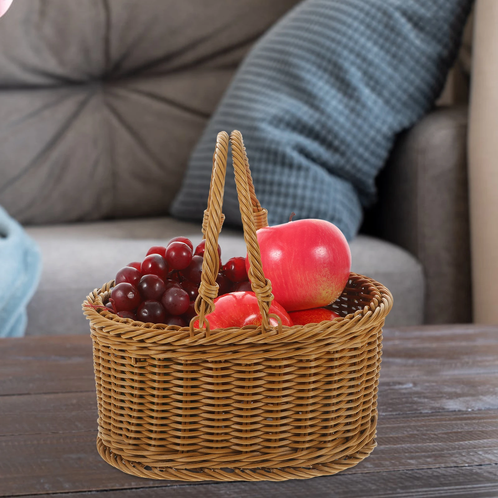 

Large Picnic Basket Hand Woven PP Material Storage Snacks Imitation Rattan Party Shopping Basket Sturdy Handle Rustic