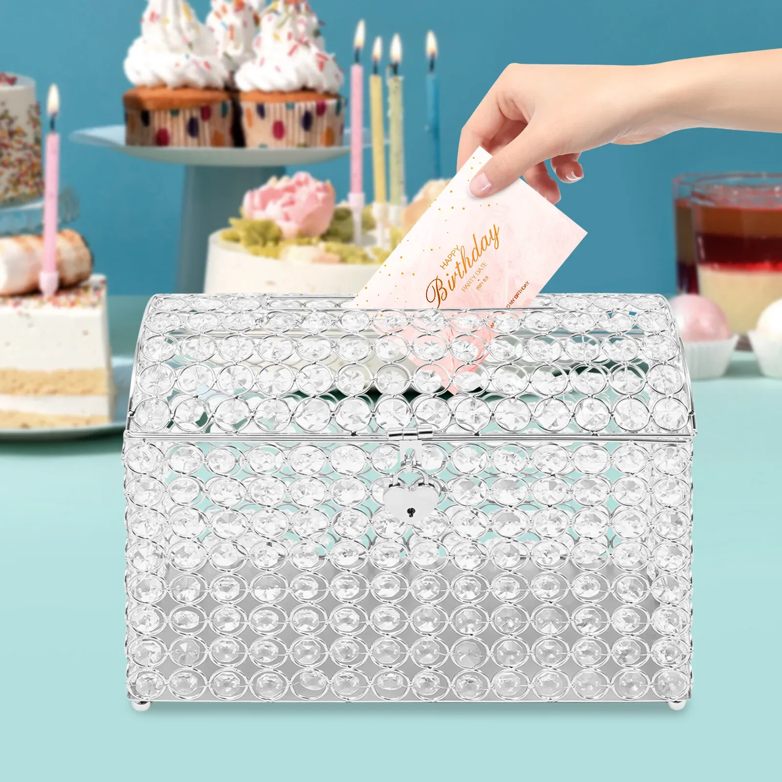 صندوق بطاقات زفاف أكريليك شفاف حديث مع قفل على شكل قلب - حامل أموال هدية بإطار فضي