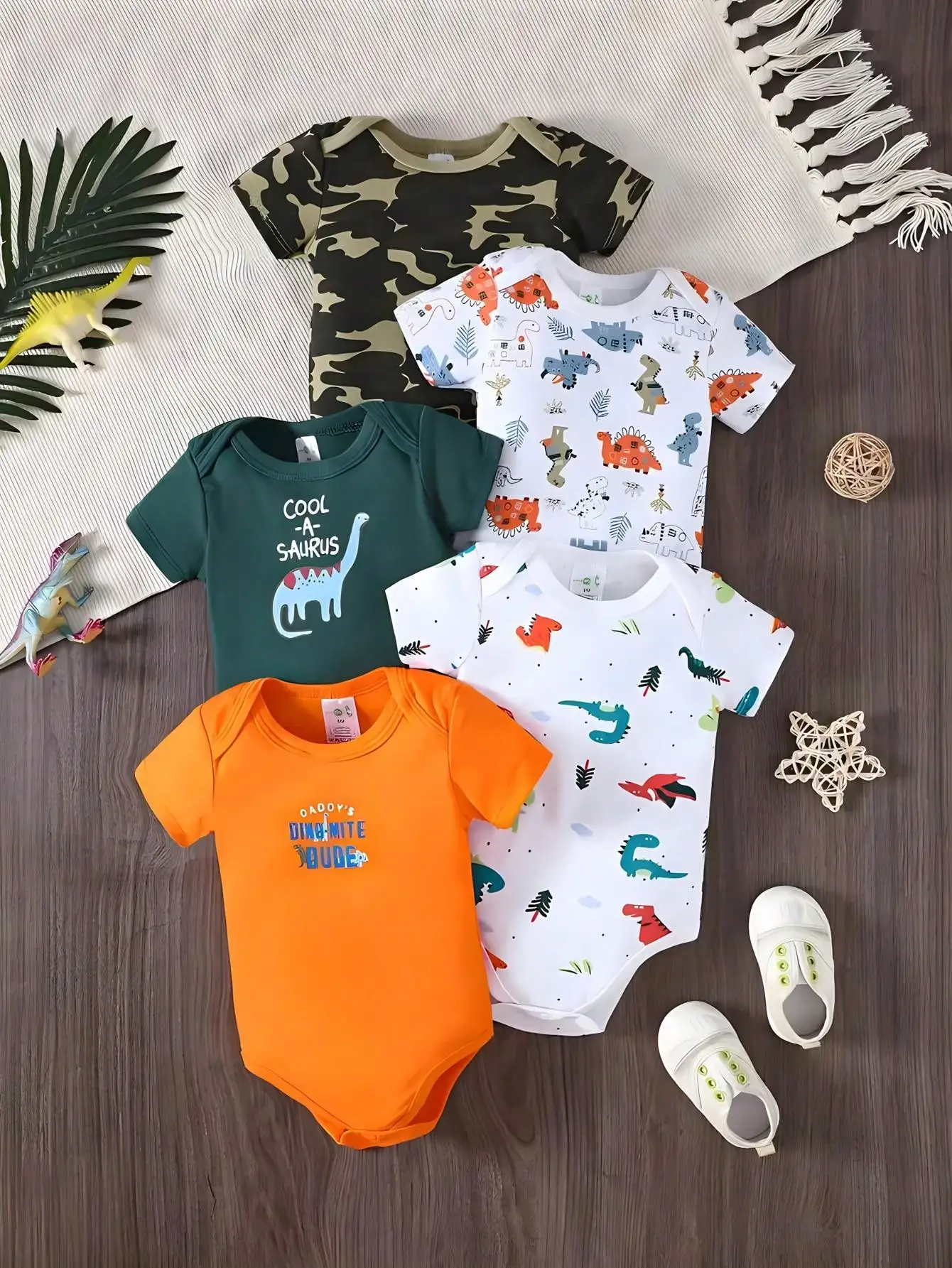 [5-piece set] Baby triangle onesie fun dinosaur short-sleeved clothing climbing suit