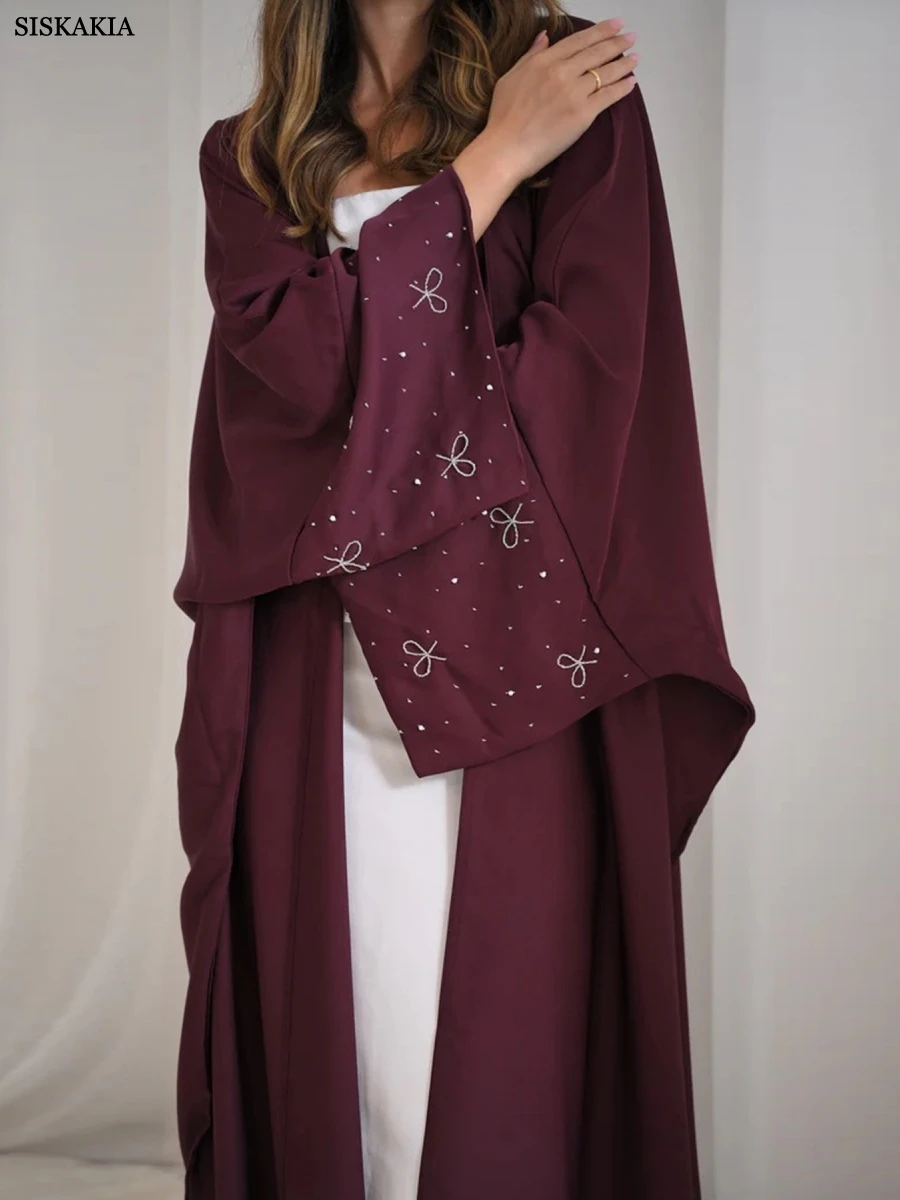 Siskakia Dubai Elegant Dolman Sleeve Open Abaya Loose Beaded Kaftan Muslim Women Clothing 2025