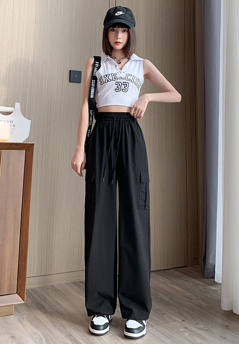 VOLEEMI Women's Casual Wide Leg Loose Cargo Pants Thin High Waist Straight Floor Length Quick Drying Sports Leisure Sweatpants