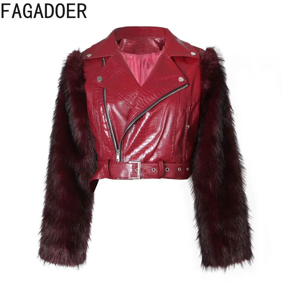 سترة FAGADOER شتوية جديدة مثيرة من الجلد والفرو للنساء معطف قصير بسحاب للدراجات النارية ملابس خروج نسائية #5