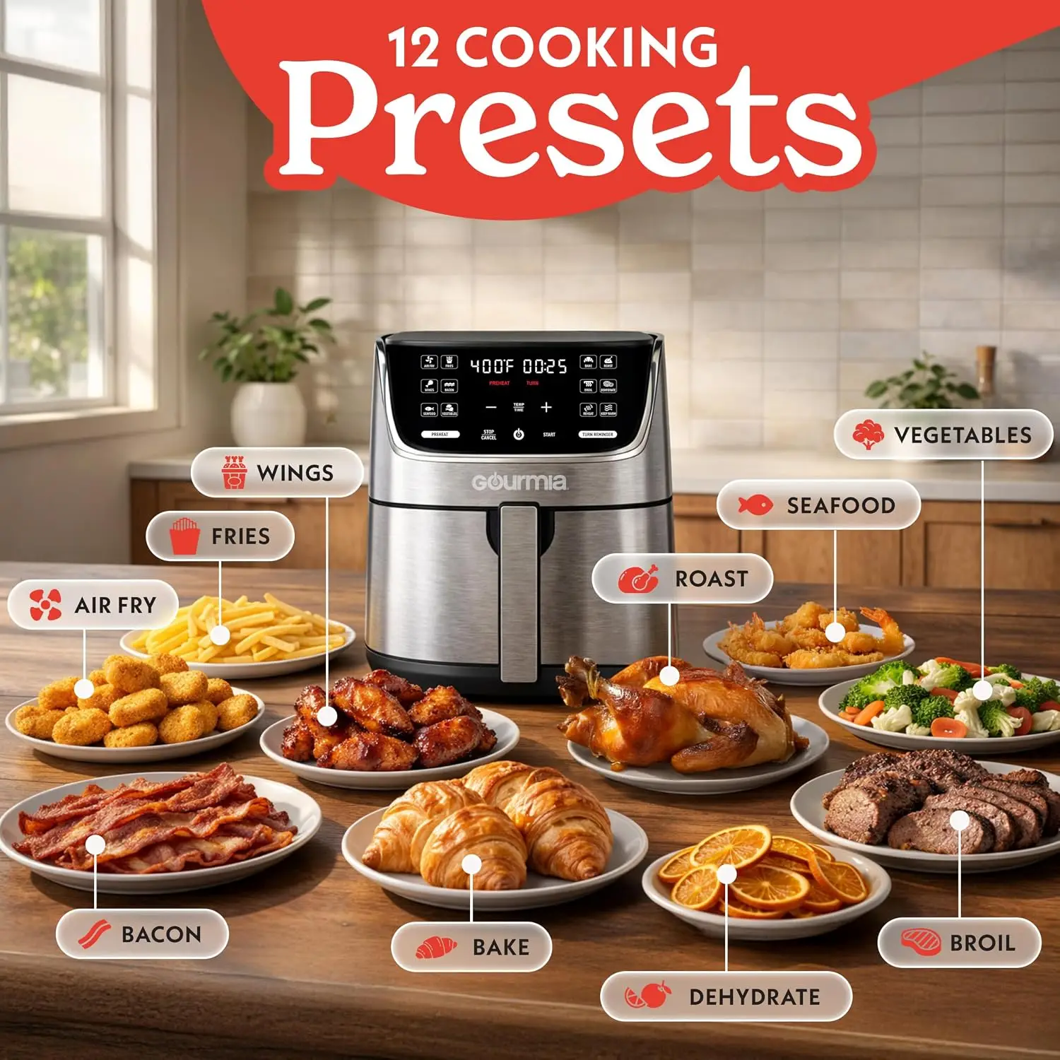 7 Qt Air Fryer, LED Display, 12 One-Touch Presets, 360° Rapid Air Technology, Nonstick Dishwasher-Safe Basket and Crisper Tray,
