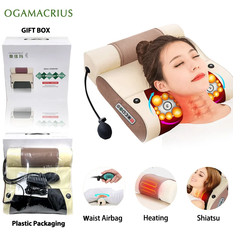 OGAMACRIUS 2 In 1 Massage Pillow Heat Shiatsu Device Electric Cervical Healthy Body Relaxation For Back Neck Massager