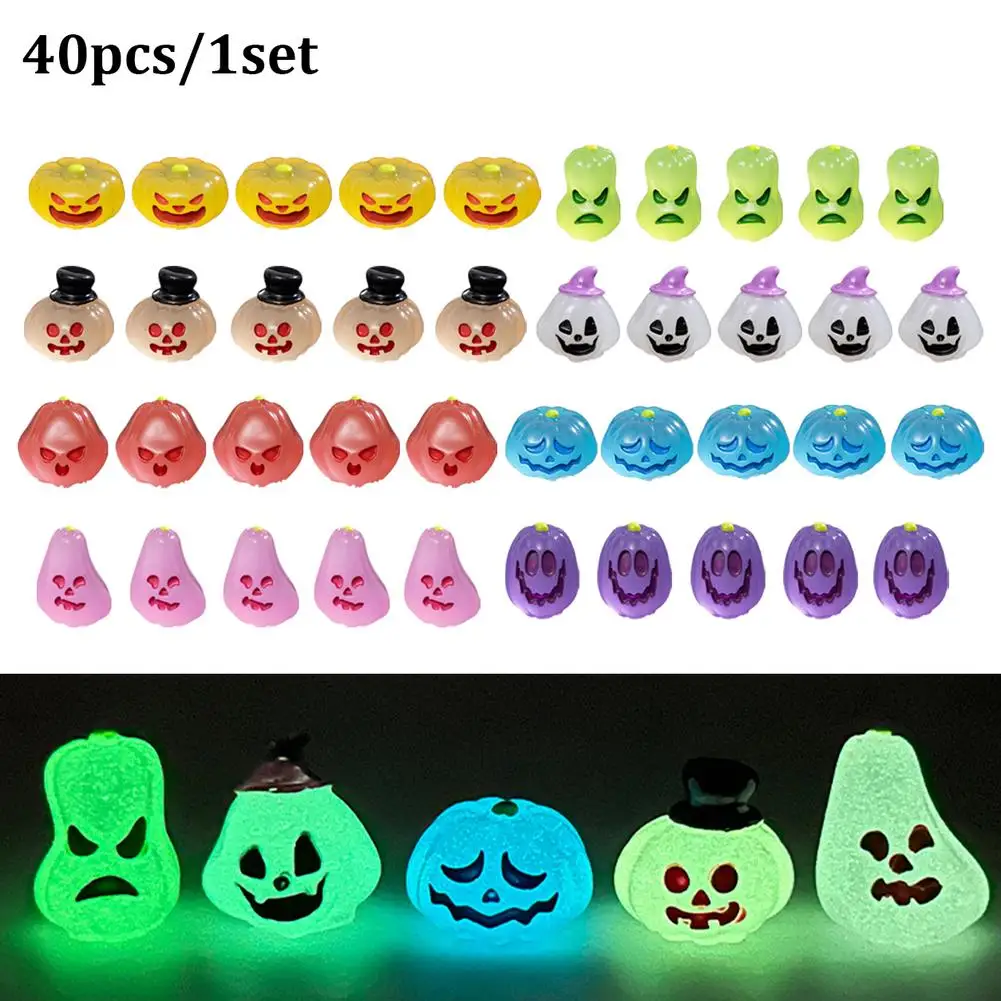 40Pcs Luminous Figurine Miniature Halloween Cartoon Pumpkin Ghost Micro Landscape Ornaments Home Office Desk Room Decorations