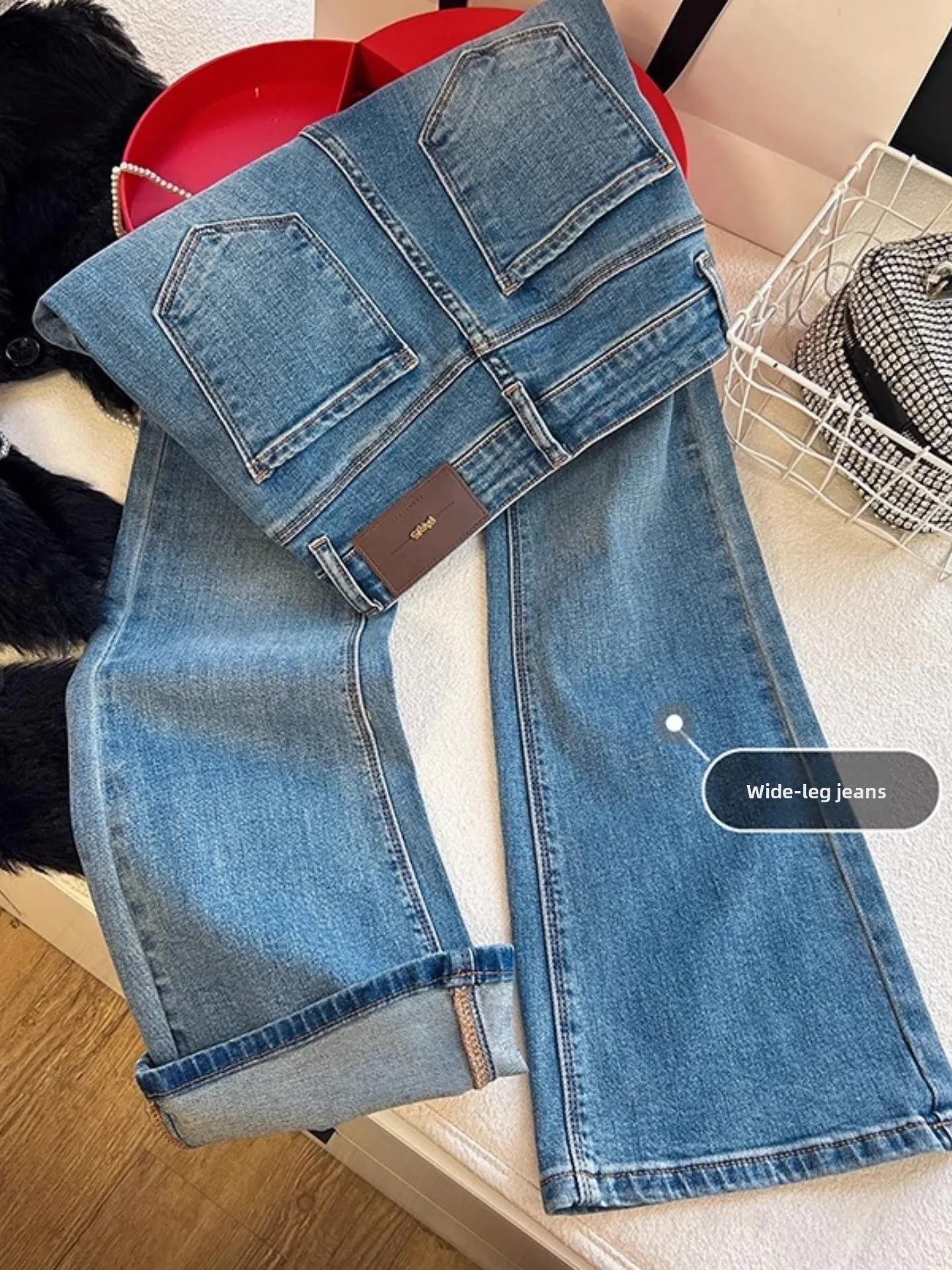 

Retro Flared Jeans Women's Spring Autumn Slim Fit High Waist Wide Leg Pants Floor Length Denim Skinnier Trousers
