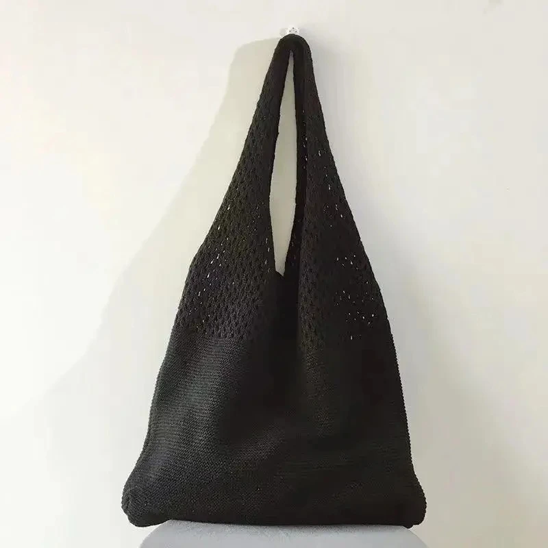 

New Trend Women's Bag Crochet Handbag Retro Knitted Braid Solid Color Hollow Black Khaki Top-handle Tote Bag Shopper