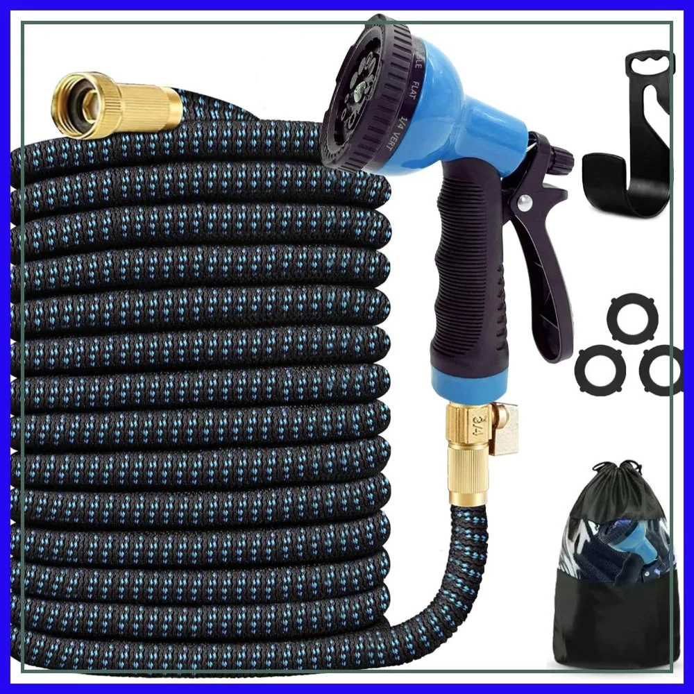 

75ft Expandable Garden Hose with Holder - Heavy Duty 3750D 4-Layer Latex Core, Brass Connectors, 10 Spray Nozzle & Storage Bag (Blue)