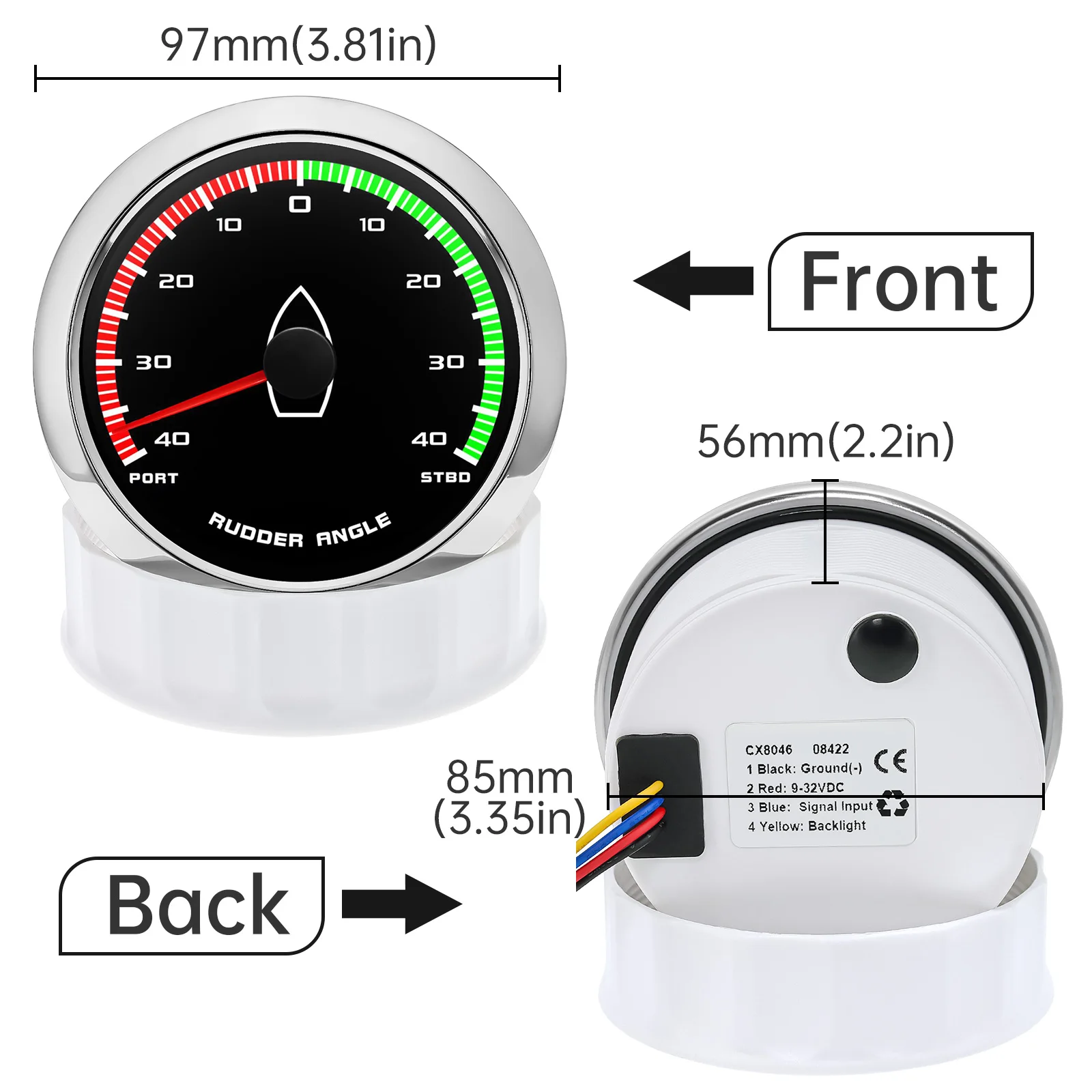 Waterproof 85mm Gauge Rudder Angle Indicator with Rudder Angle Sensor 0-190 Ohm Pointer Instrument for Yacht Boat Marine 9-32V