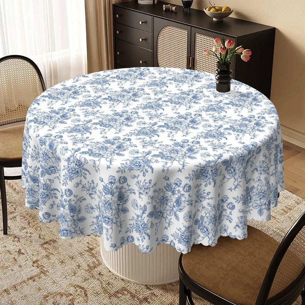 Elegant Blue White Floral Round Tablecloth with Scalloped Edge, Rose Design for Dining Room Decor, Banquet & Family Dinner