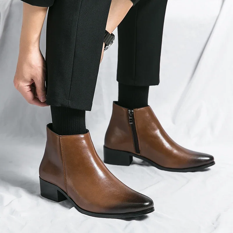 Klassische schwarze Leder-Stiefeletten für Herren und Damen im britischen Stil, Chelsea-Stiefel mit spitzer Zehenpartie, bequeme High-Top-Schuhe – Detail 23