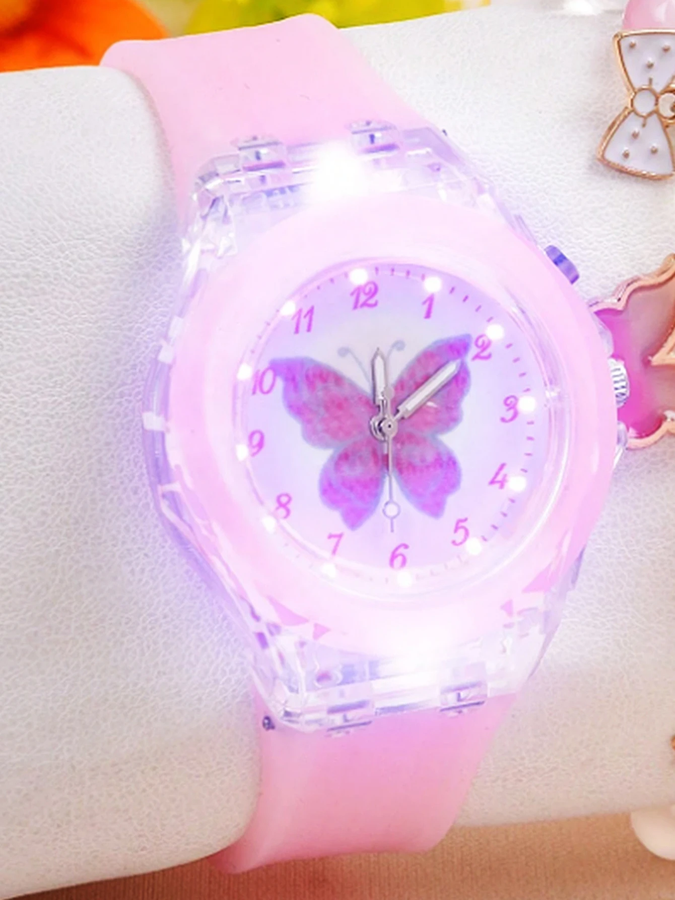 Butterfly Patterned Silicone round Shell Quartz Watch with Butterfly Beaded Bracelet Birthday Gift Silicone Watchband image 5