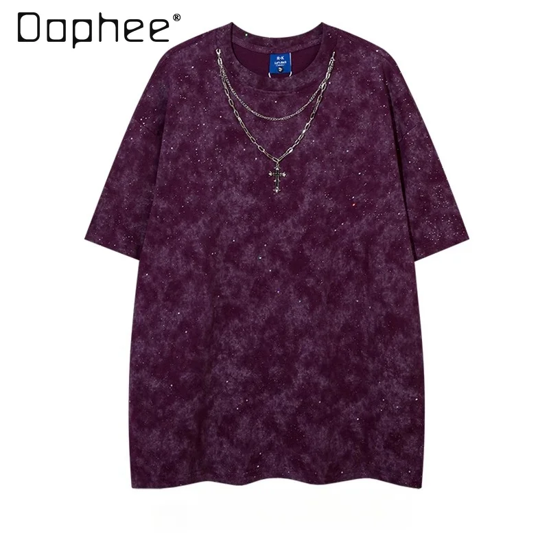Summer American Street Style Men's Black Purple Rose Red Starry Sky Hotfix Rhinestone Crew Neck Short Sleeve T-shirt with Chain